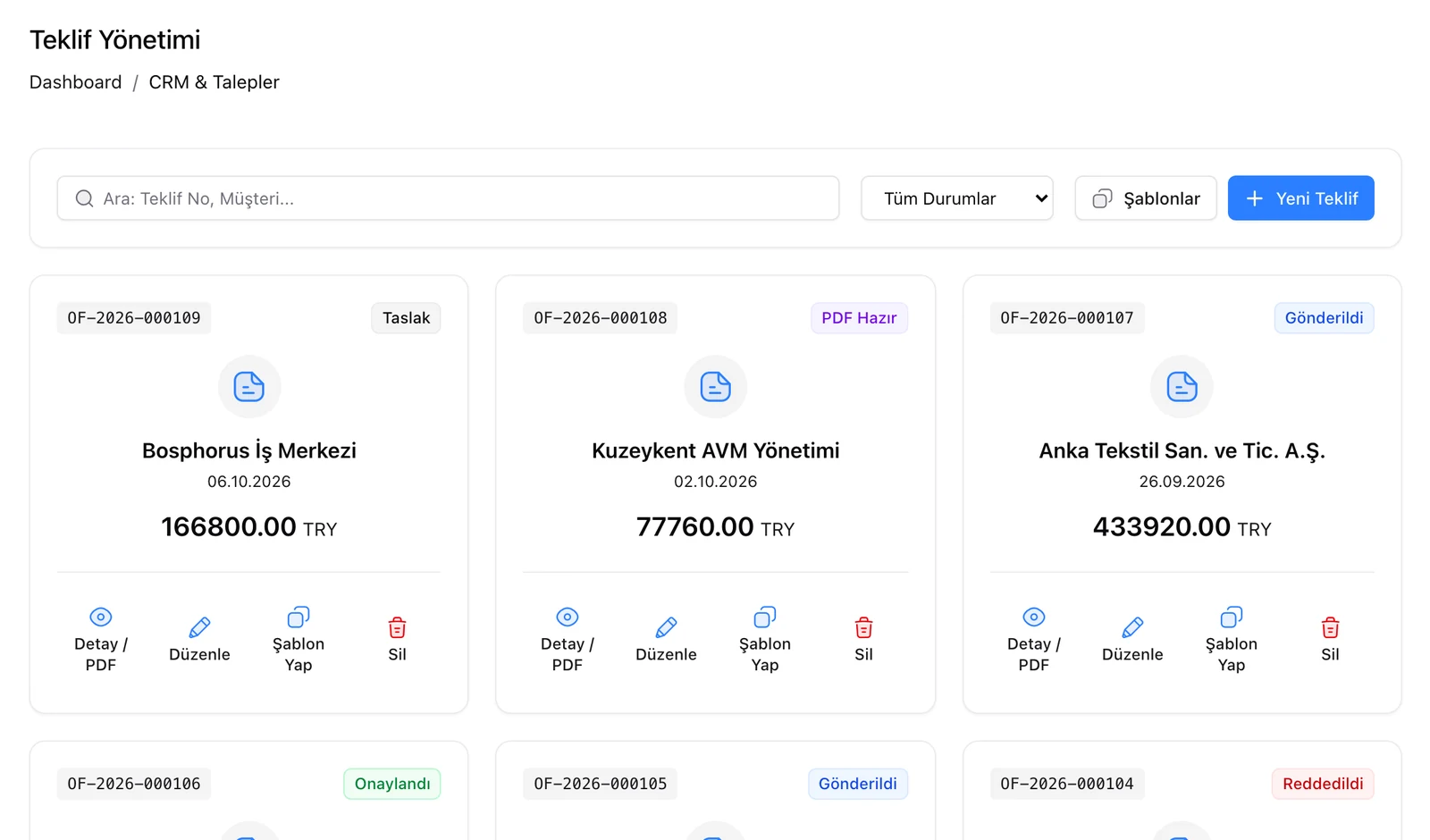 Teklif yönetimi: teklif kartları ve durumları