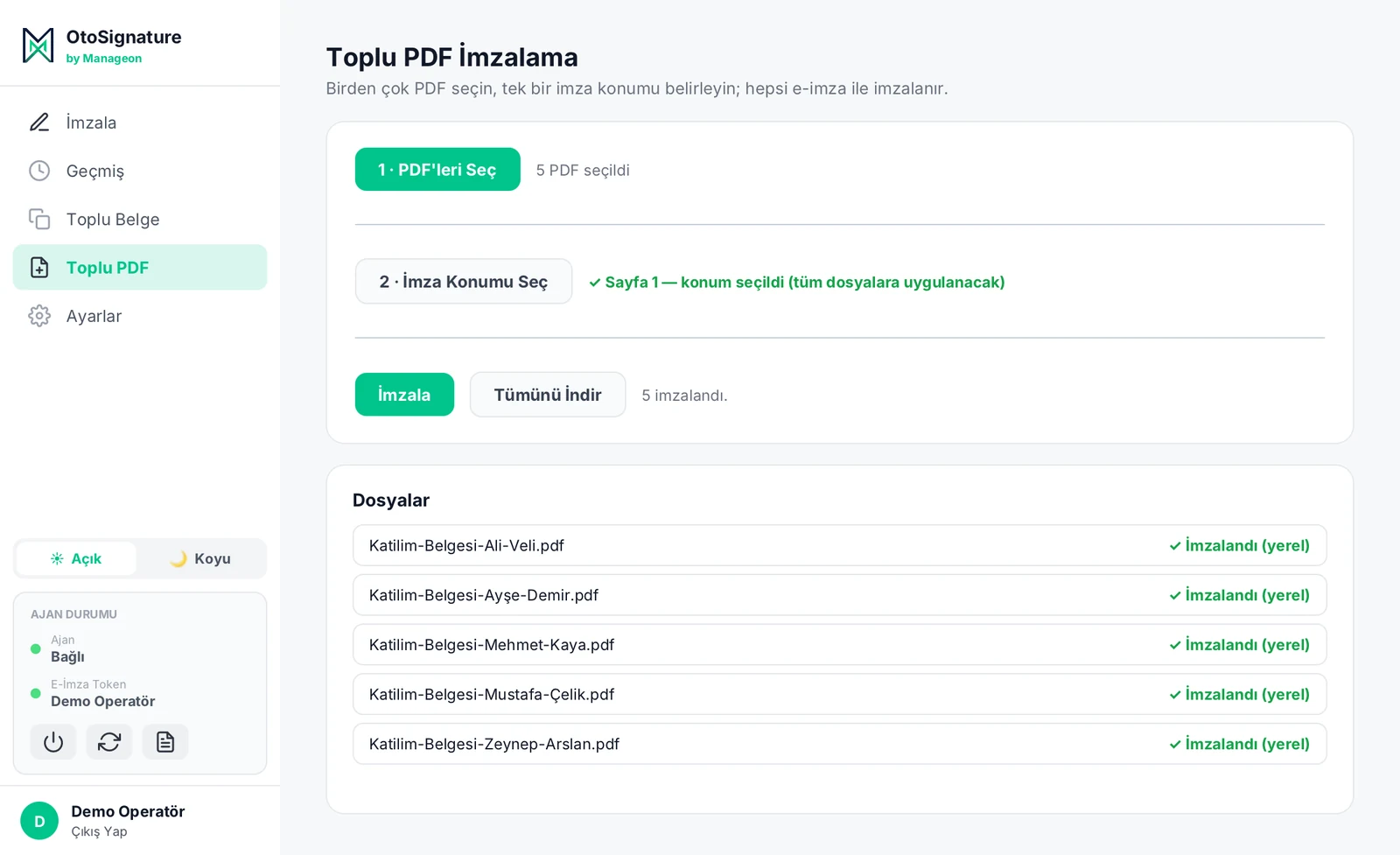 OtoSignature toplu PDF imzalama: beş dosya tek seferde imzalandı